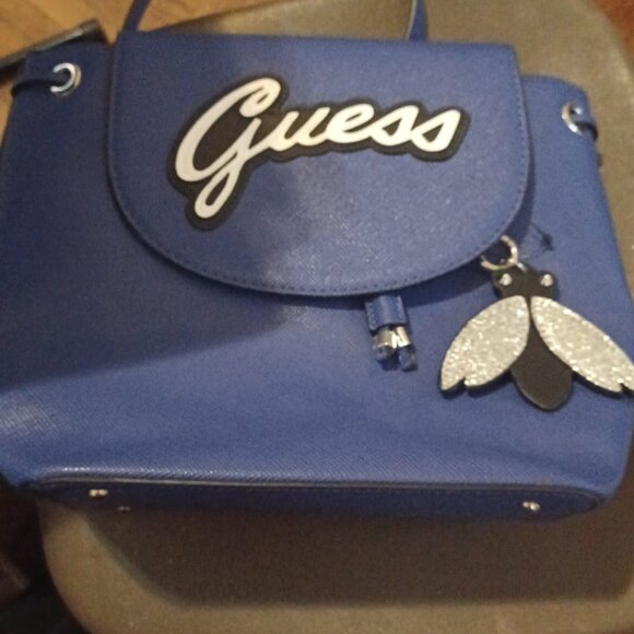 GUESS Varsity pop pinup Flap Backpack Hobo Handbag Blue Bee Charm - Picture 1 of 6
